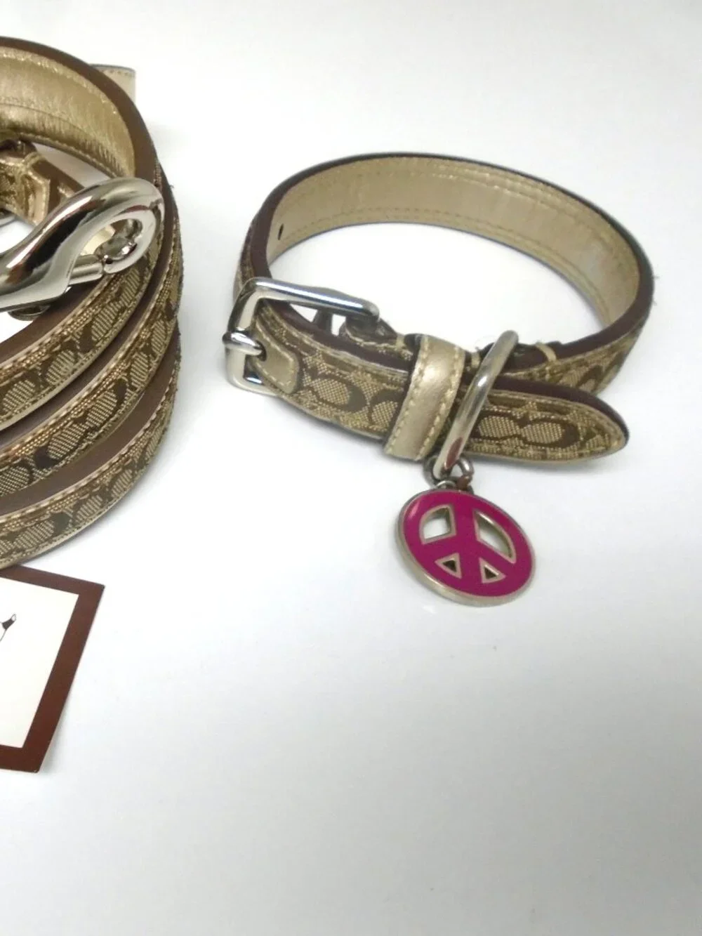 COACH GOLD LEATHER BROWN JACQUARD SIGNATURE C DOG PET COLLAR LEASH SET SIZE XS